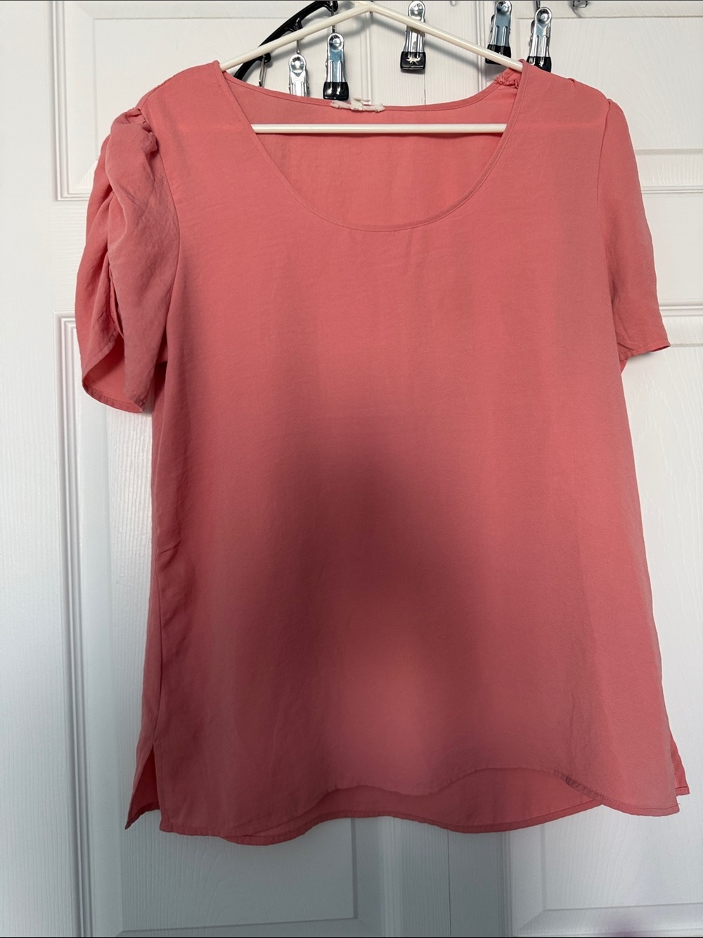 Classic Scoop Neck Short Sleeve Blouse in Coral Pink